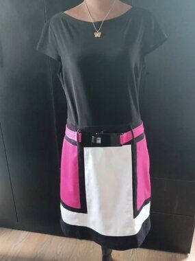 Chetta B Colorblock Dress Black Hot Pink White Belted Size 10